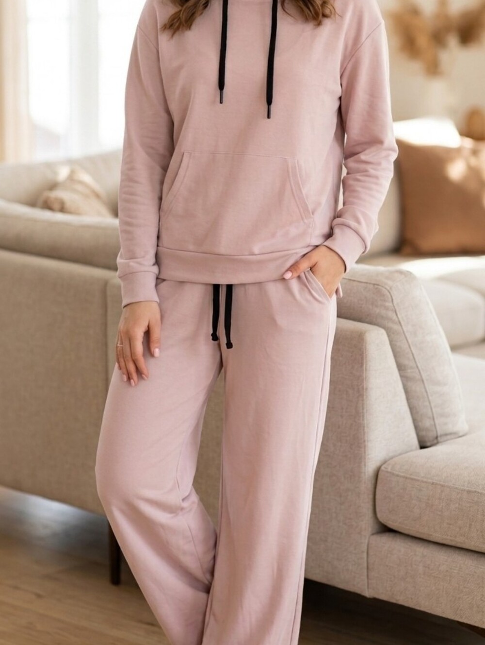 Cozy Blush Pink Lounge Set with Black Drawstrings